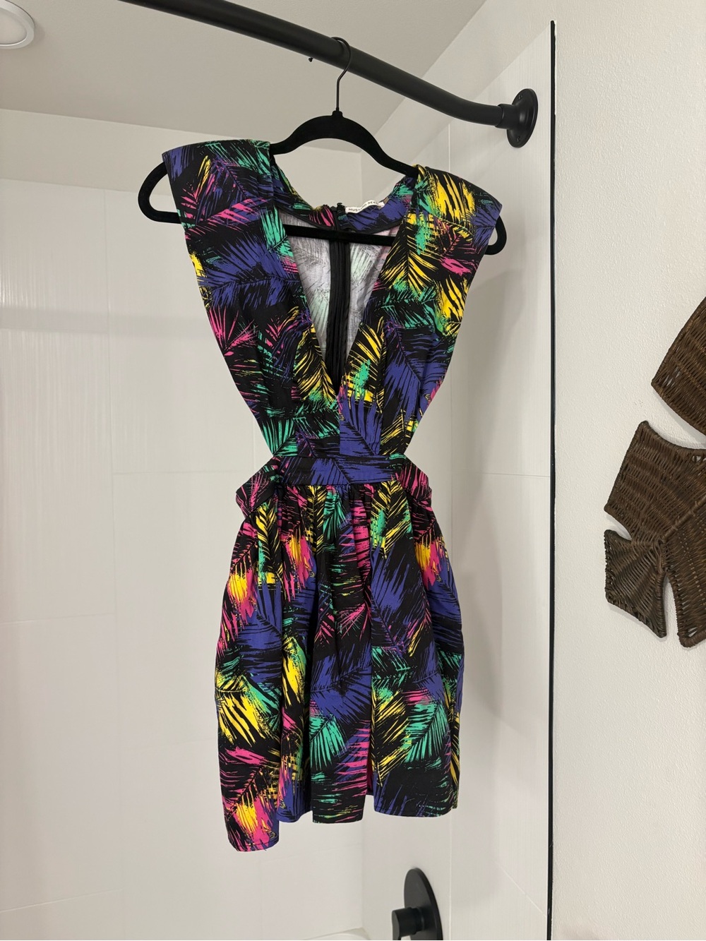 Mustard Seed Black Mini Dress with Neon Palm Print
